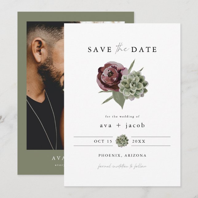 AVA Burgundy Floral Succulent Desert Save the Date Invitation (Front/Back)