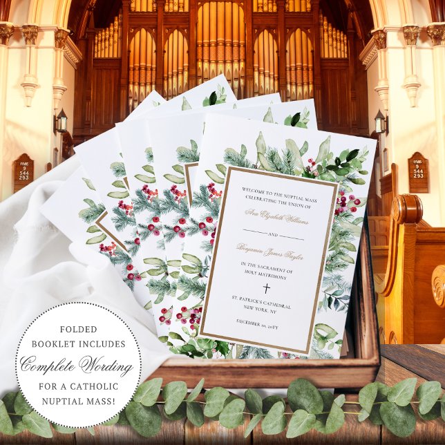 Ava Christmas Greenery Catholic Wedding Program (Ava Catholic wedding mass program for a Christmas or winter wedding)