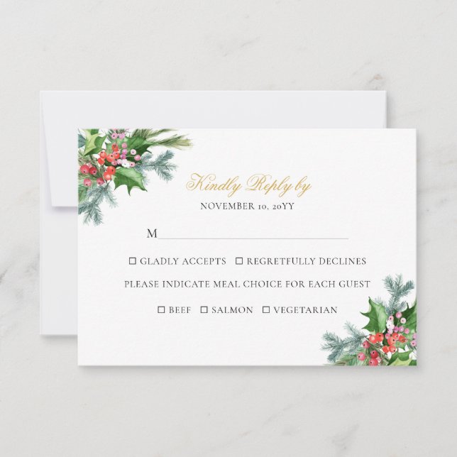 Ava Elegant Christmas Greenery Wedding Meal Choice RSVP Card (Front)
