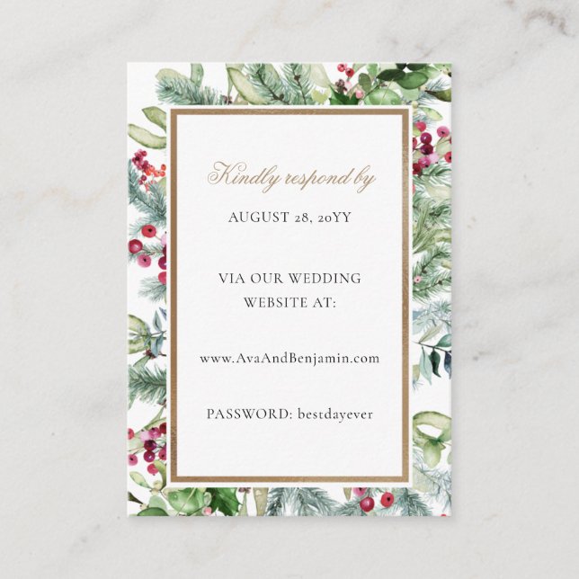 Ava Gold Christmas & Greenery Wedding Website RSVP Enclosure Card (Front)