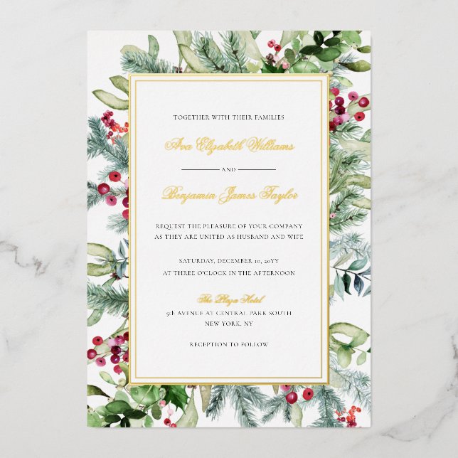 Ava Gold Foil Winter Wedding Invitation with RSVP (Front)