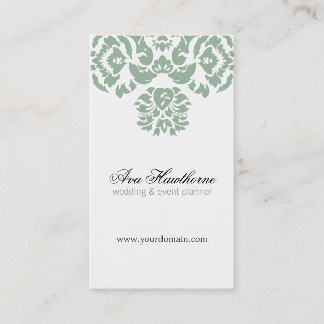 Ava Grey Damask Floral Chic Business Card Vertical (Front)