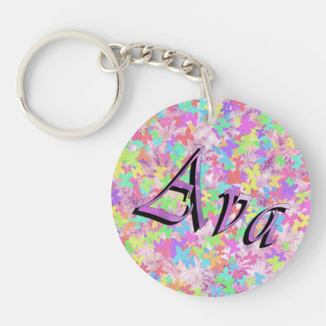 Ava, Name Logo on Pastel Butterflies, Key Ring (Front)