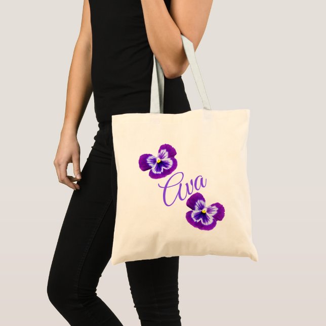 Ava, Name, Logo With Purple Pansies, Tote Bag (Front (Product))