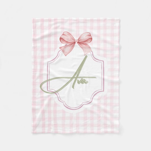 Ava Personalized Pink Bow & Gingham Print  Fleece Blanket (Front)