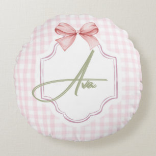 Ava Personalized Pink Bow & Gingham Print  Round Cushion