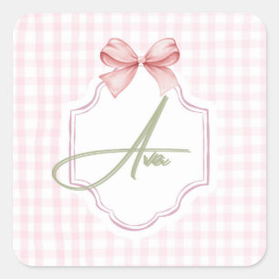 Ava Personalized Pink Bow & Gingham Print  Square Sticker