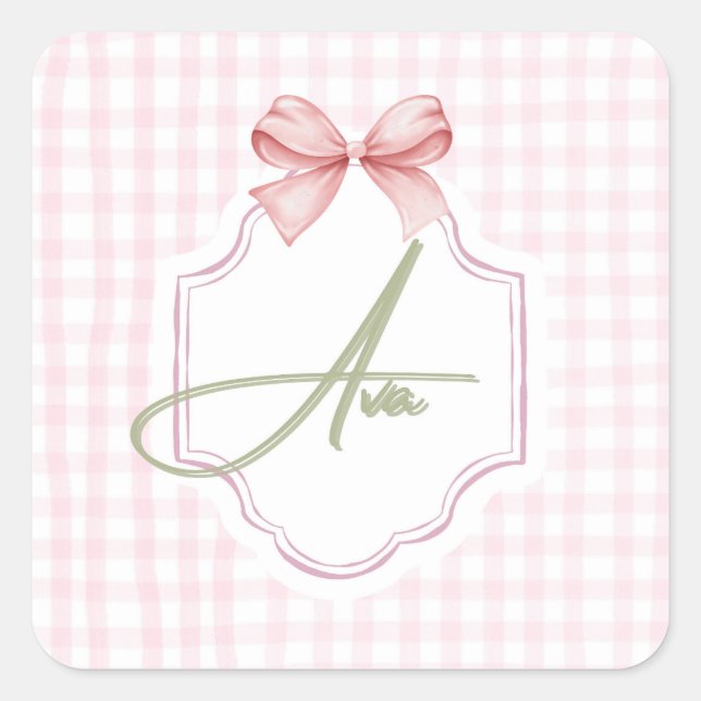 Ava Personalized Pink Bow & Gingham Print  Square Sticker (Front)