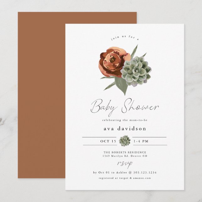 AVA Terracotta Floral Succulent Fall Baby Shower Invitation (Front/Back)