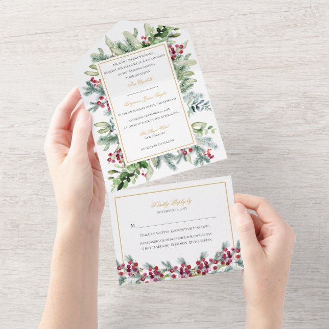 Ava Winter Berries Wedding Invitation with RSVP (Tearaway)