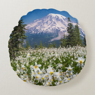 Avalanche lilies and Mount Rainier 2 Round Cushion