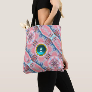 AVALON , ABSTRACT PINK AQUA BLUE GEM MONOGRAM TOTE BAG