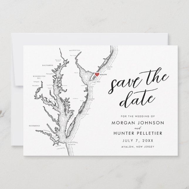 Avalon New Jersey Map Modern Wedding Save The Date (Front)