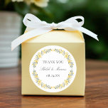 Avalon Yellow Wildflowers Circle Wedding Favour Classic Round Sticker<br><div class="desc">These beautiful, elegant wedding favour stickers feature a watercolor painted floral frame in butter yellow, golden yellow, and sage green. Easy to personalise for your special day! Please note: the default for this design is the 3 inch size for a reason. The text will be harder to read on the...</div>