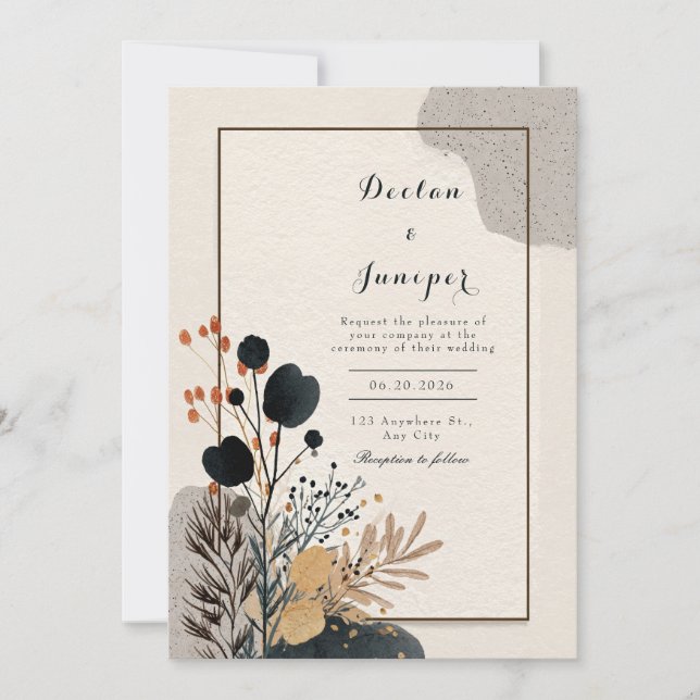 Avant Garde Black Floral Gold Frame Wedding Invitation (Front)