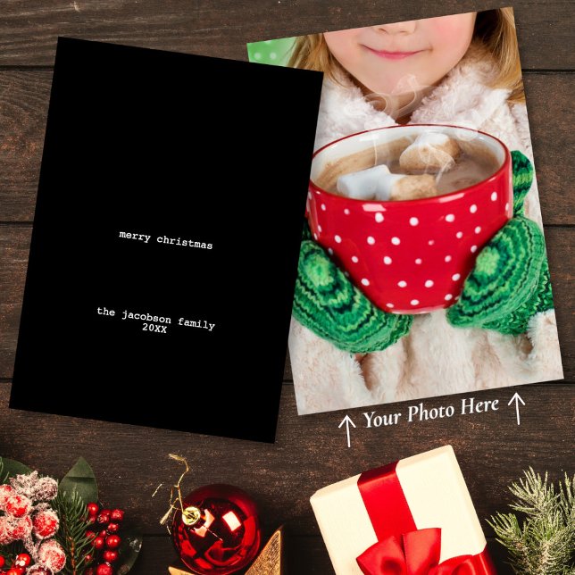 Avant-Garde Black Minimalist Merry Christmas Photo Holiday Card (In Situ Front/Back)