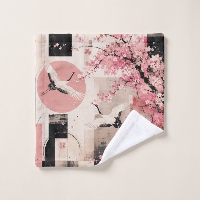 Avant-Garde Sakura & Cranes Harmony Bath Towel Set (Wash Cloth)