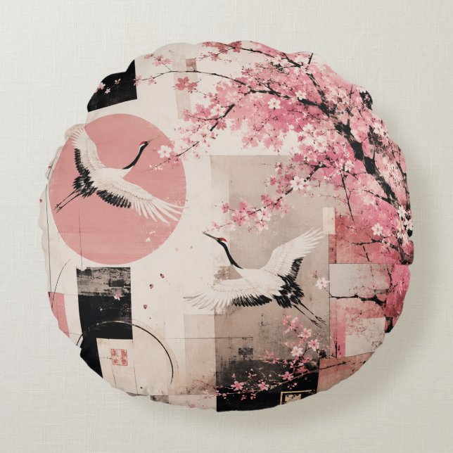 Avant-Garde Sakura & Cranes Harmony Round Cushion (Front)