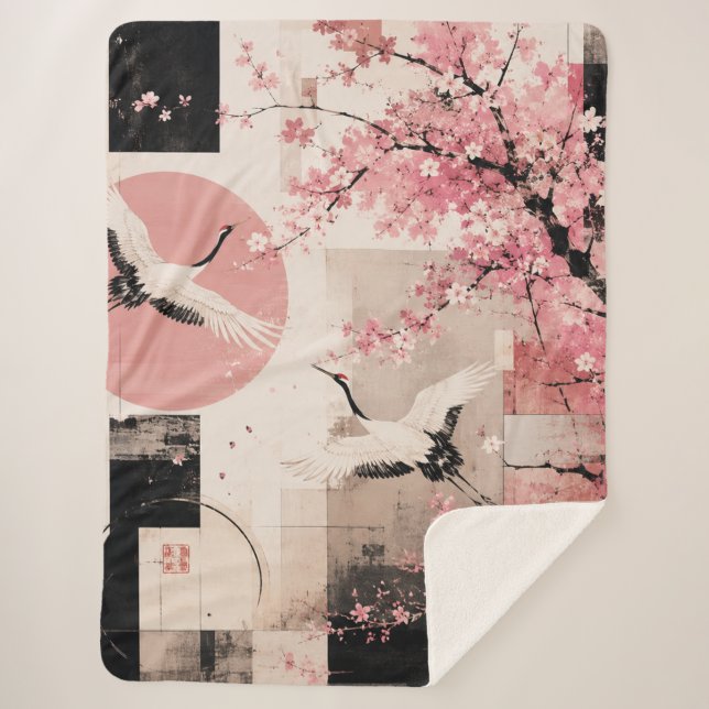 Avant-Garde Sakura & Cranes Harmony Sherpa Blanket (Front)
