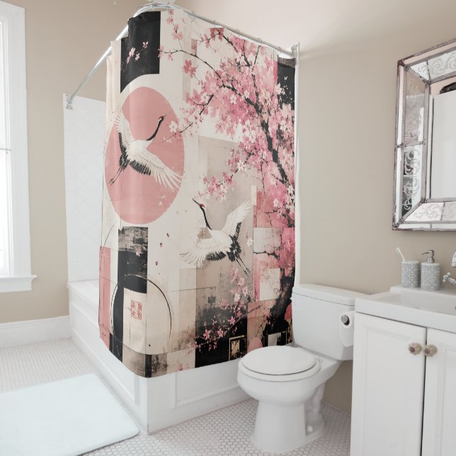 Avant-Garde Sakura & Cranes Harmony Shower Curtain (In Situ)
