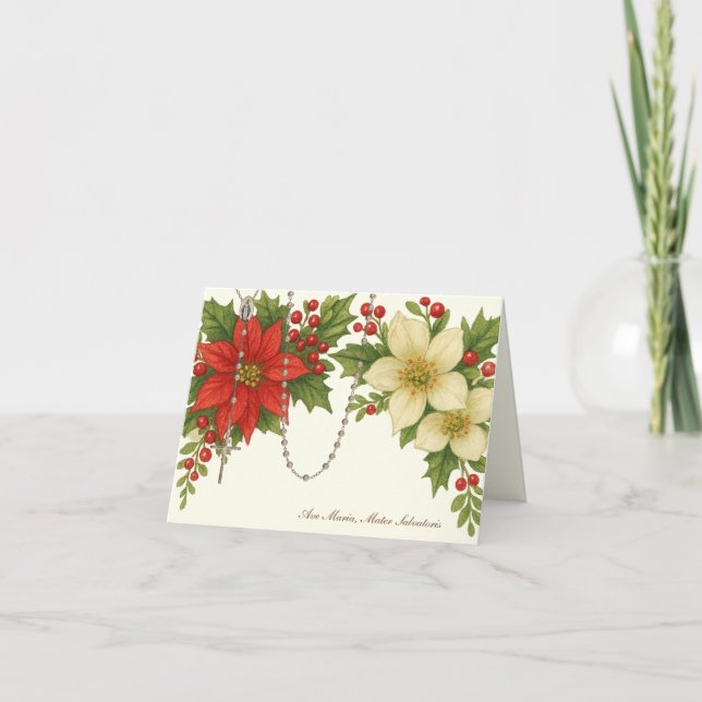 Ave Maria Christmas Blessing with Rosary Florals Holiday Card (Front)