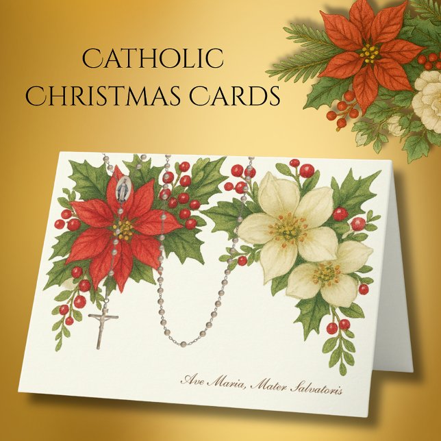 Ave Maria Christmas Blessing with Rosary Florals Holiday Card (Creator Uploaded)
