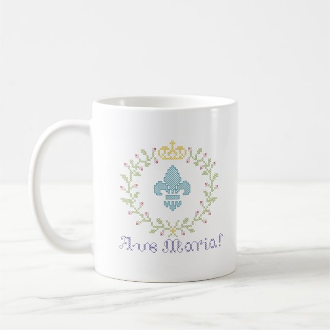 Ave Maria Cross Stitch Look American Mug w/logo (Left)