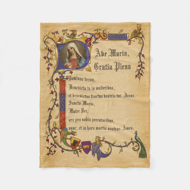 Ave Maria Hail Mary in Latin Decorative Border Fleece Blanket (Front)
