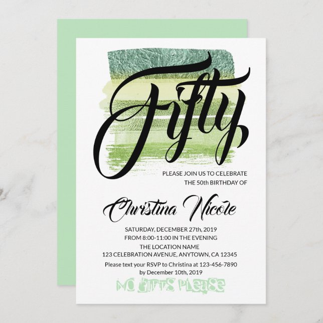 Aventurine Green Glitter Brushes FIFTY Birthday Invitation (Front/Back)