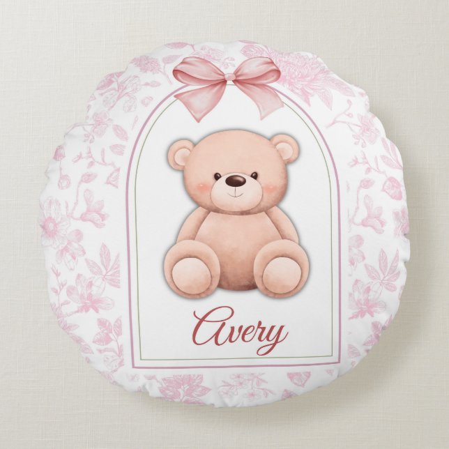 Avery | Custom Pink Teddy Bear Nursery Design  Round Cushion (Front)