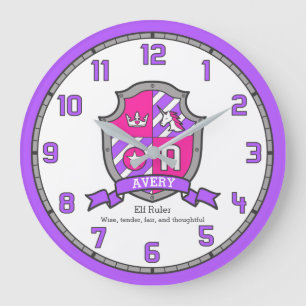 Avery letter name meaning unicorn crest purple  large clock