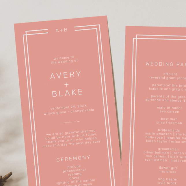 AVERY Minimal Blush Peach Soft Coral Wedding Programme (AVERY Minimal Blush Peach Soft Coral Wedding Program)