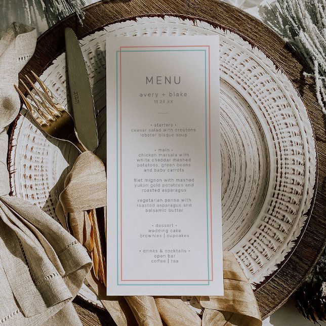 AVERY Minimalist Coral and Teal Border Wedding Menu (AVERY Minimalist Coral and Teal Border Wedding Menu)