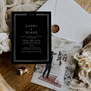 AVERY Modern Black Monochrome Photo Wedding Invitation