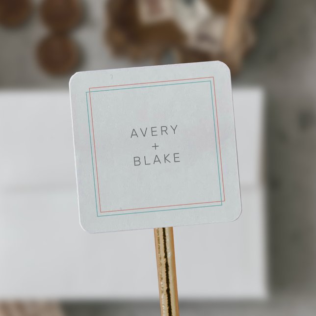 AVERY Modern Coral and Teal Border Wedding Square Sticker (AVERY Modern Coral and Teal Border Wedding Square Sticker)