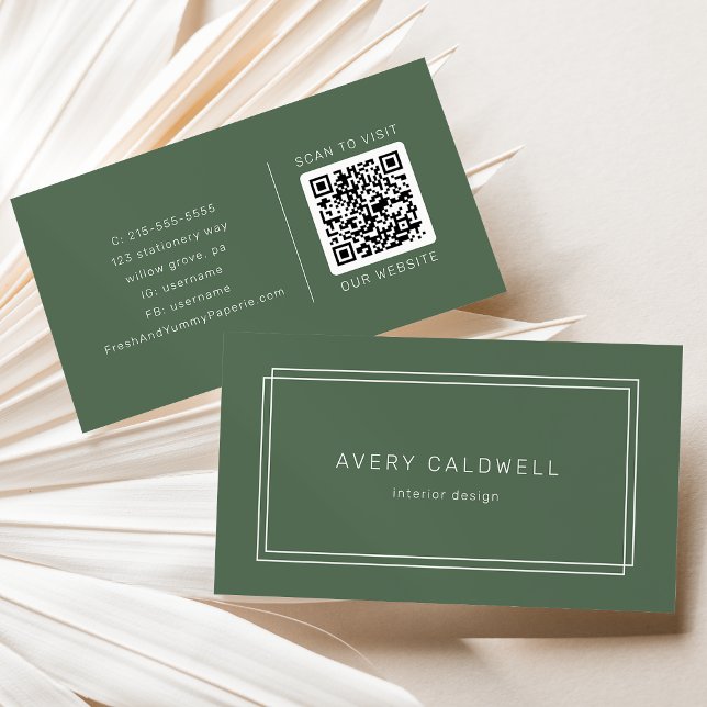 AVERY Rustic Dark Green Boho Double Frame QR Code Business Card (AVERY Rustic Dark Green Boho Double Frame QR Code Business Card)