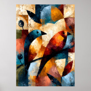 Avian Dialogue Japanese Geometric Bird Art Poster