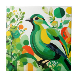 Avian Elegance, Green Abstract Bird On Tree Branch Tile