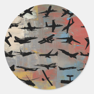 Aviation Art, Black aeroplane silhouettes, Classic Round Sticker