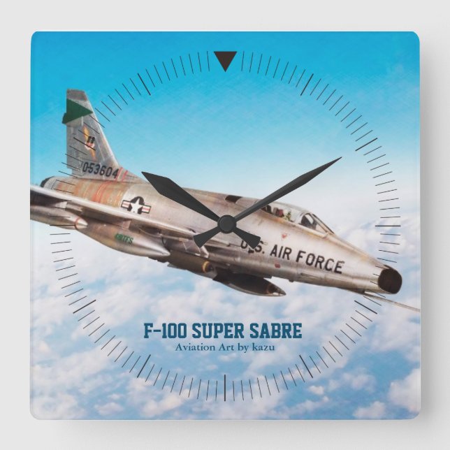 Aviation Art Wall Clock"F-100 Super Sabre" Square Wall Clock (Front)