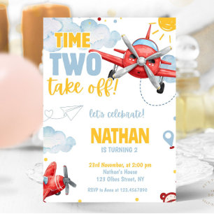 Aviation Boys Blue Airplane Travel 2nd Birthday  Invitation