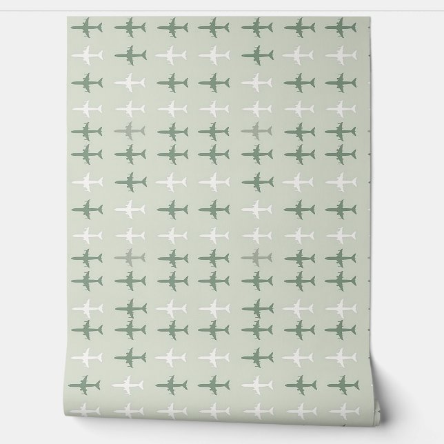 Aviation Dream Soft Green Aeroplane Pattern Wallpaper (Unrolling)