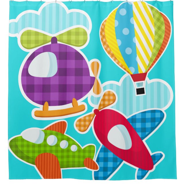 Aviation Hot Air Balloon Aeroplanes Helicopter Shower Curtain (Front)