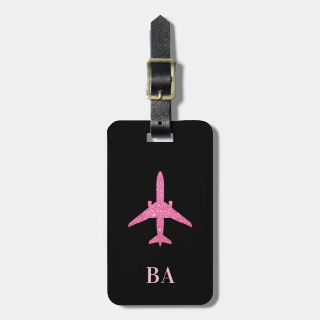Aviation Pink Glitter Aeroplane Luggage Tag (Front Vertical)