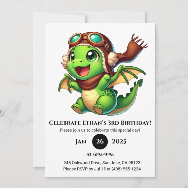 Aviator Baby Dragon Birthday Invitation (Front)