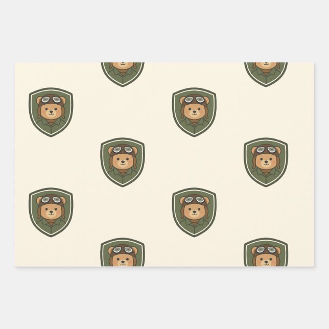 Aviator Bear Military Party Wrapping Paper (Front)
