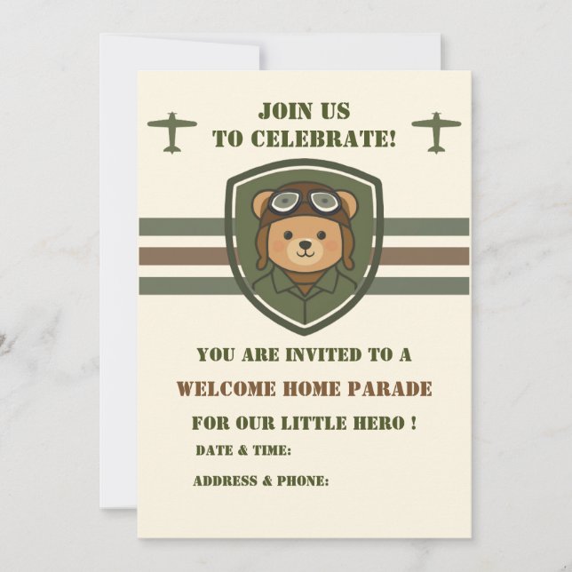Aviator Bear Military Welcome Home Invitation (Front)
