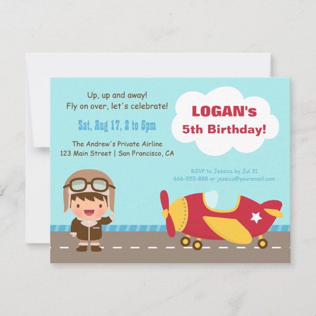 Aviator Boy Aeroplane Birthday Party Invitations (Front)