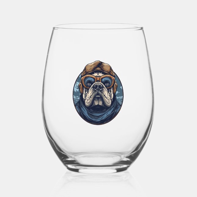 Aviator Bulldog Stemless Wine Glass (Front)