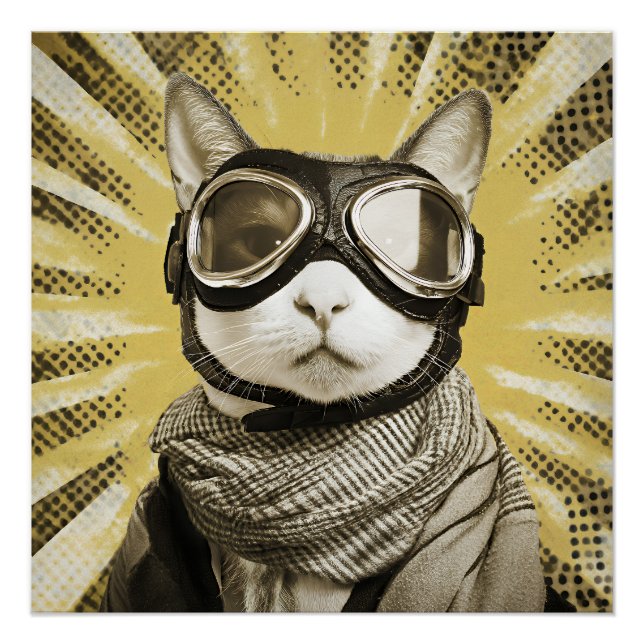 Aviator Cat Goggles Sunburst Portrait Poster (Front)